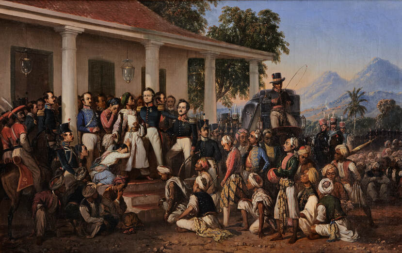 Een schilderij met daarop heel veel Indiërs en een hand vol Nederlandse militairen en de overgave van Diponegoro in wit gewaad.
