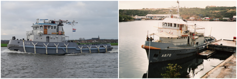 De marinesleepboot Gouwe en de voormalige sleepboot Wamandai.