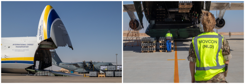 De An-124 heeft zijn laadklep aan de voorzijde geopend. Op de achtergrond een Frans transportvliegtuig. Rechts kijkt een Nederlandse militair in het laadruim van de An-124.