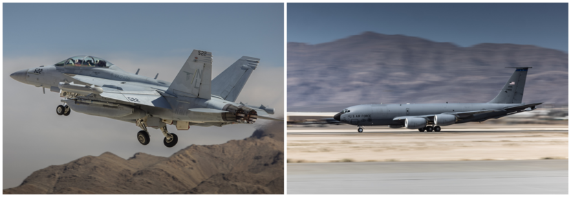 een B-52 en een F-18.