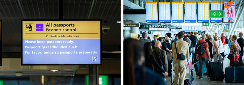 Bord all Passports op een luchthaven. Foto rechts: Passagiers staan in de rij op Schiphol.