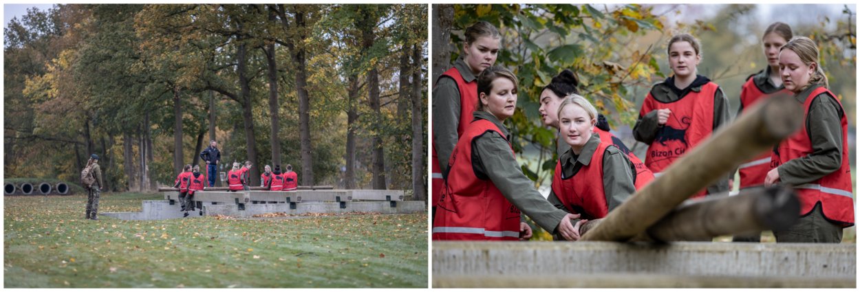 Fotoduo van jonge meiden bij een CV90 en jonge meiden die een defensie conditieproef afleggen.