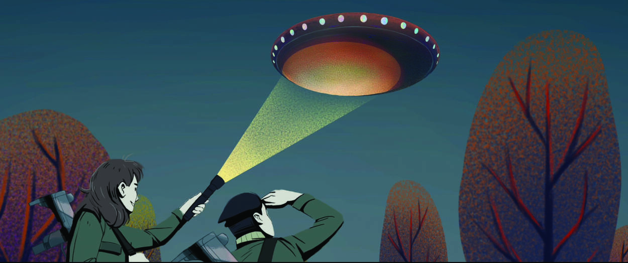 Een tekening van twee militairen die buiten een zaklamp schijnen op iets wat lijkt op een ufo.