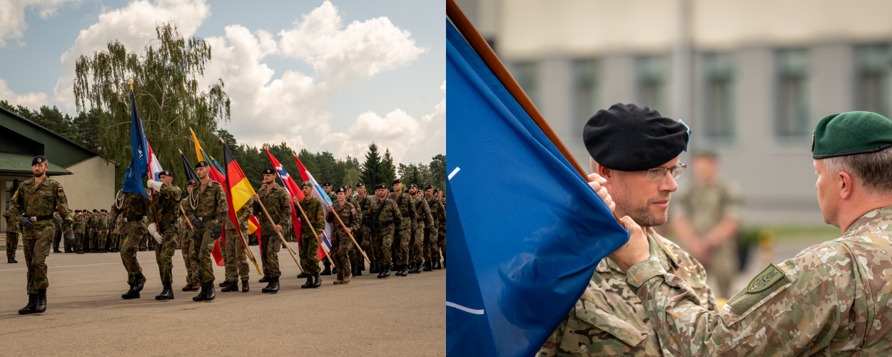 Foto links: Militairen marcheren voorbij met vlaggen van verschillende landen in hun hand. Foto rechts: Twee militairen kijken elkaar strak aan terwijl ze het commando (de vlag) overdragen.