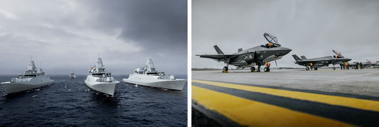 Links: Een afbeelding van toekomstige Anti-Submarine Warfare Frigates. Rechts: F-35’s staan klaar in Estland voor de Air Policing-missie.