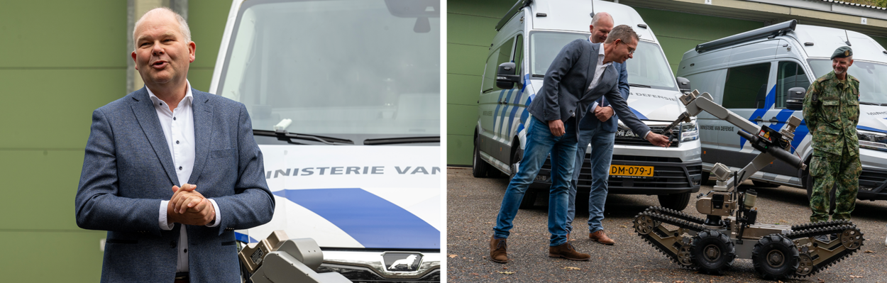 Steven Heersma van VETH Automotive (foto links) en manager Jacobjan Vermeiden van busleverancier MAN tijdens de sleuteloverdracht van de EOD-bussen.