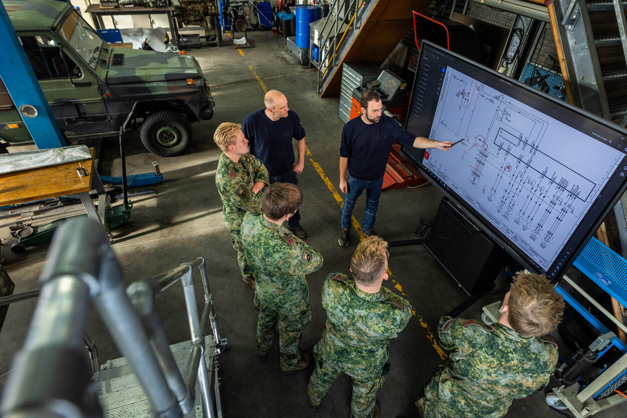 Een leermeester die in de werkplaats op een bord een stroomschema uitlegt.