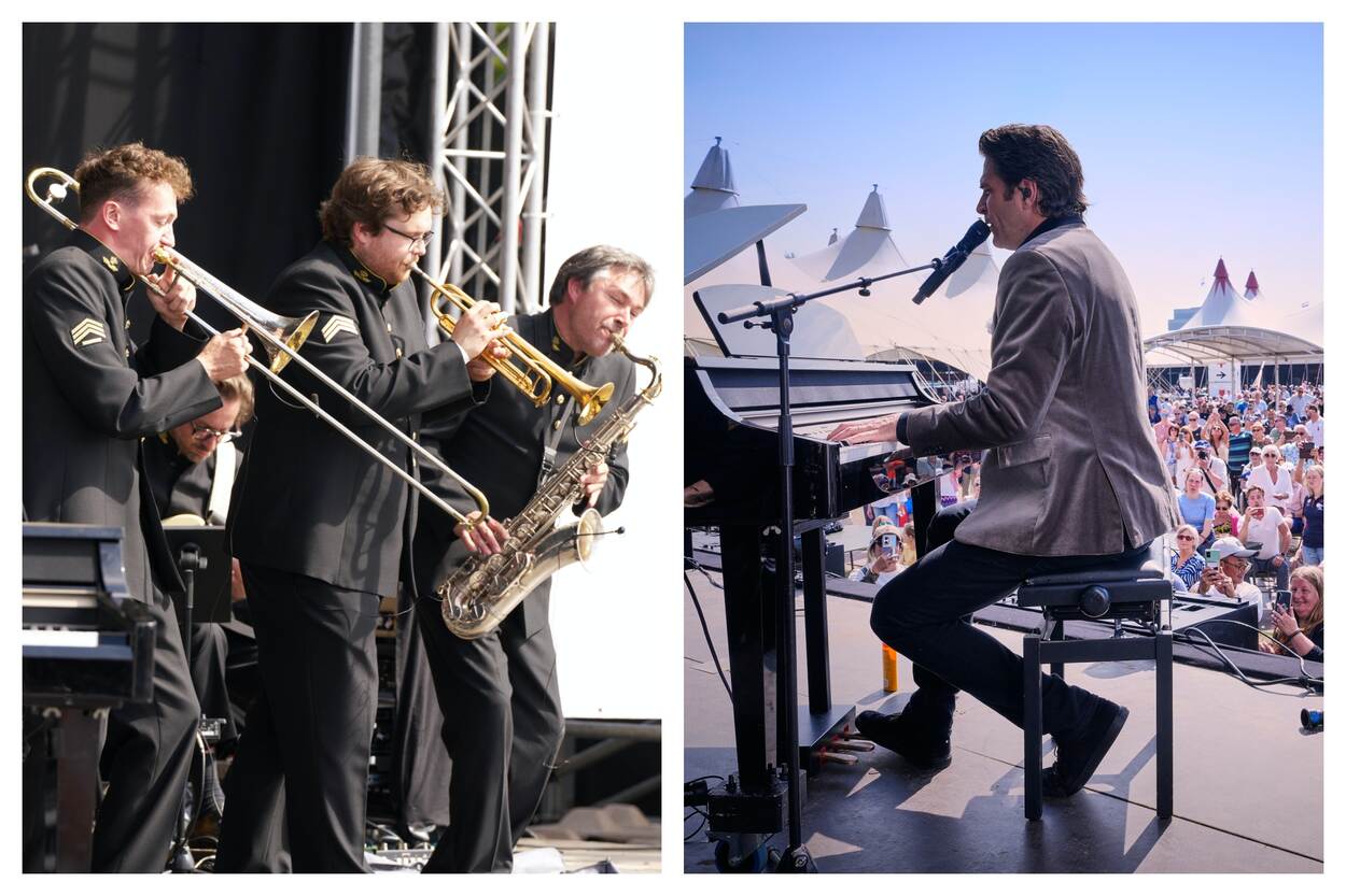 Links: drie militairen van het Orkest Koninklijke Luchtmacht spelen op hun instrumenten. Rechts: zanger Xander de Buisonjé speelt op de piano en zingt.