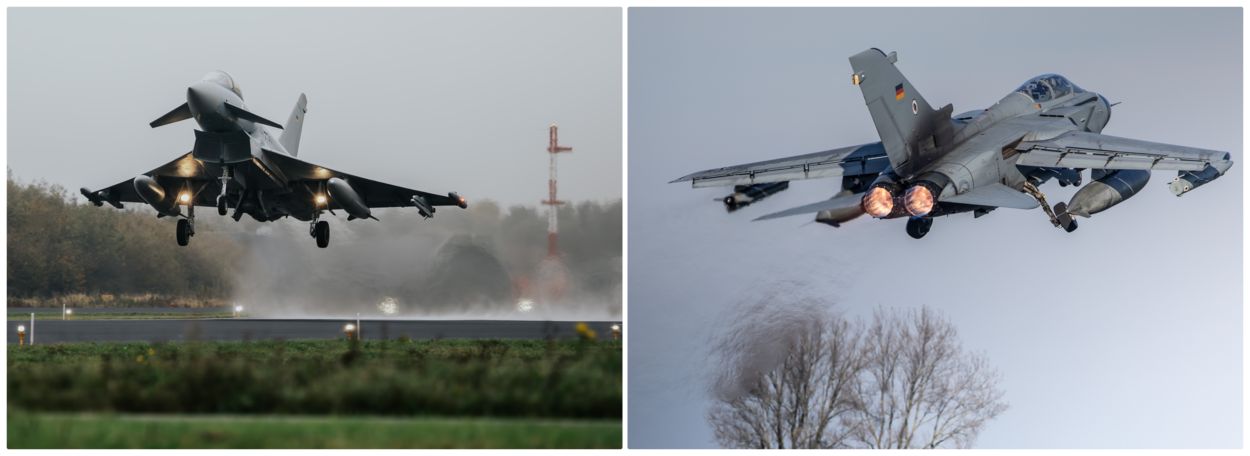 Foto links: een Duitse Eurofighter. Foto rechts: een Duitse Tornado.