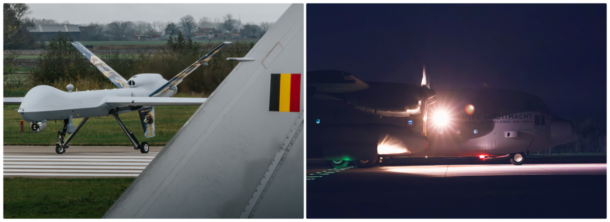 Foto links: een MQ-9 op het platform. Foto rechts: een C-130 Hercules in het donker op het platform.