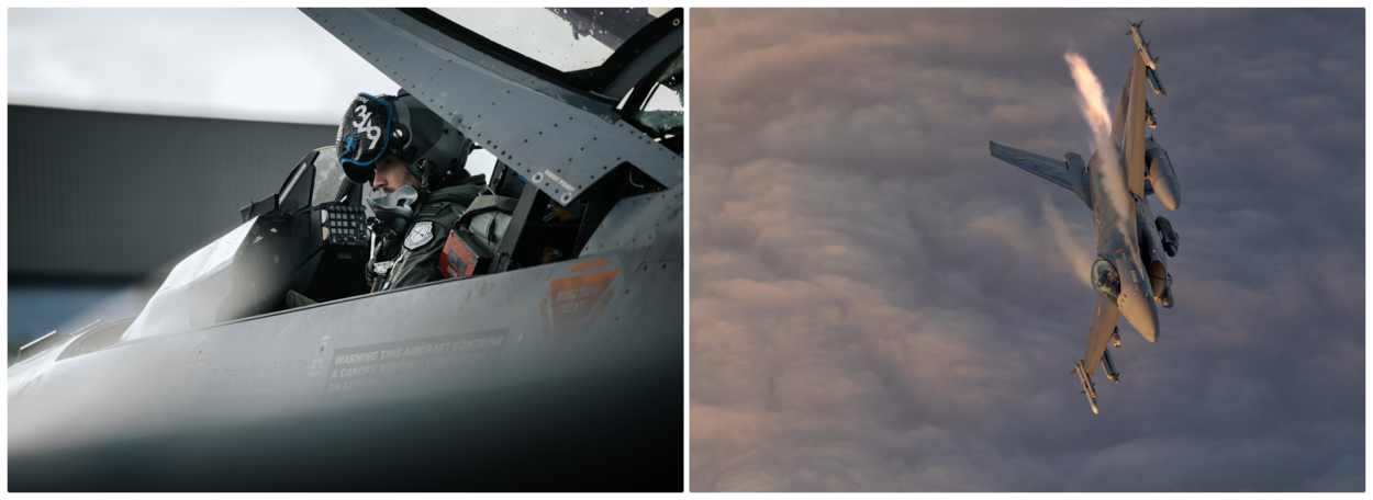 Foto links: F-16-vlieger ‘Dude’ in de cockpit van een F-16. Foto rechts: een F-16 scheert schuin door het luchtruim boven een wolkendek.