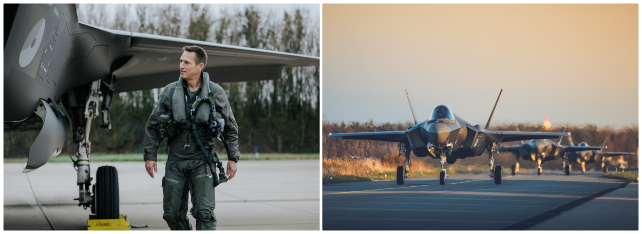 Foto links: majoor-vlieger ‘Mids’ lopend naast zijn F-35. Foto rechts: een serie taxiënde F-35’s.