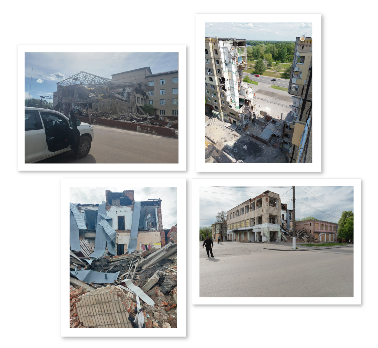 Een fotocollega waarop beschadigde gebouwen in Oekraine staan.
