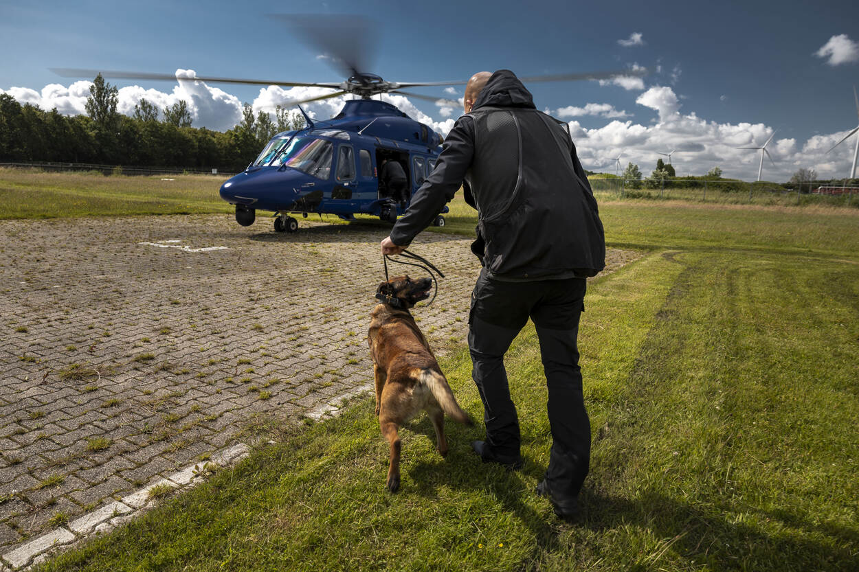 Een herdershond en zijn baas lopen naar een politiehelikopter met draaiende rotorbladen.