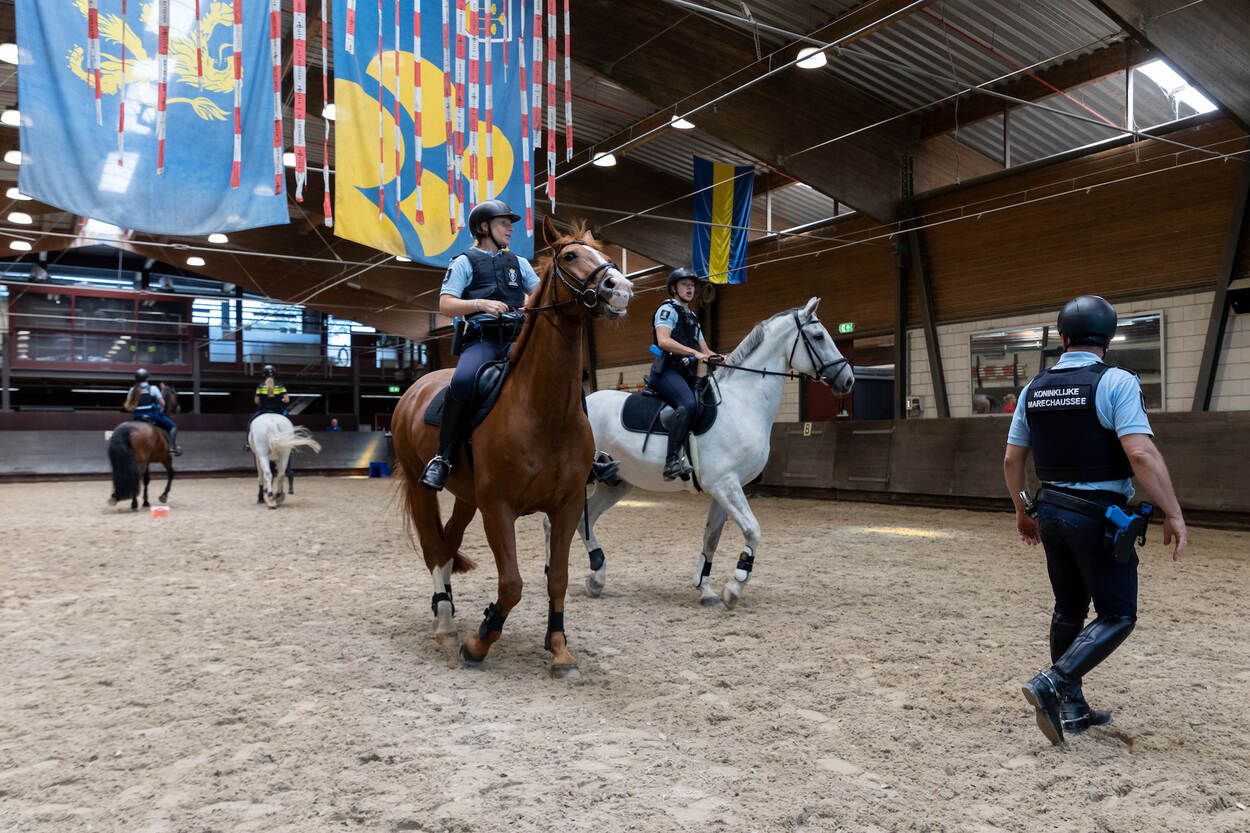 De ruiters van de marechaussee oefenen in het verwijderen van een recalcitrante omstander.