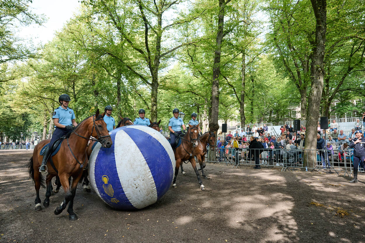 Groep Marechaussee te paard stuurt een grote bal voorwaarts