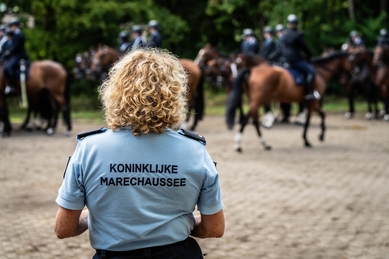 Marechaussee op de rug gezien, paarden in de achtergrond