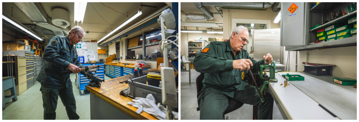 Technici bewerken wapensystemen en munitie in werkruimte.