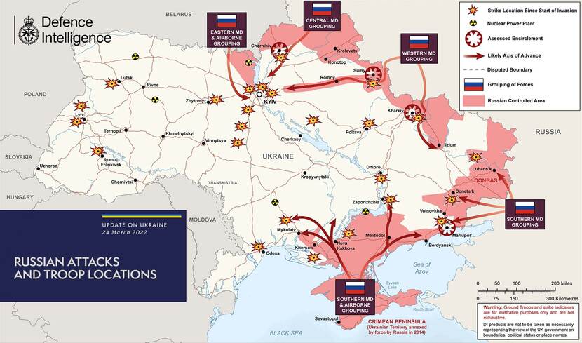 Infographic waarop te zien is hoe ver Rusland Oekraine is binnengedrongen