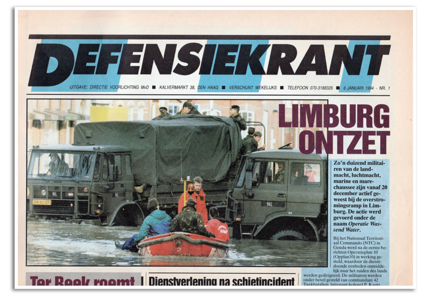Een fotokopie van de Defensiekrant van 6 januari 1994, met als kop ‘Limburg ontzet’.