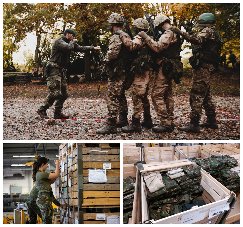 Foto's van kisten vol kleding en scherfvesten en een foto van een Nederlandse militair die in het veld Oekraïners traint.