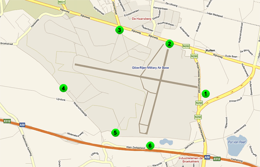 Plattegrond van de spotterslocaties rondom Vliegbasis Gilze-Rijen