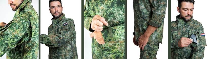 De militair kan met elastieken de vorm van de jas aanpassen.