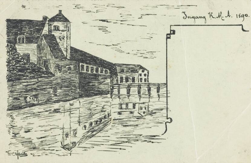 Oude zwart-wit tekening met daarop een tekening van de hoofdingang van het kasteel.