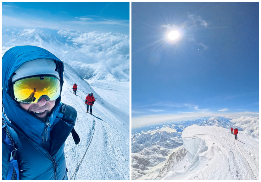 Selfie van Dick en z’n collega’s achter zich en een overzichtsfoto waarop je het landschap in de omgeving ziet.