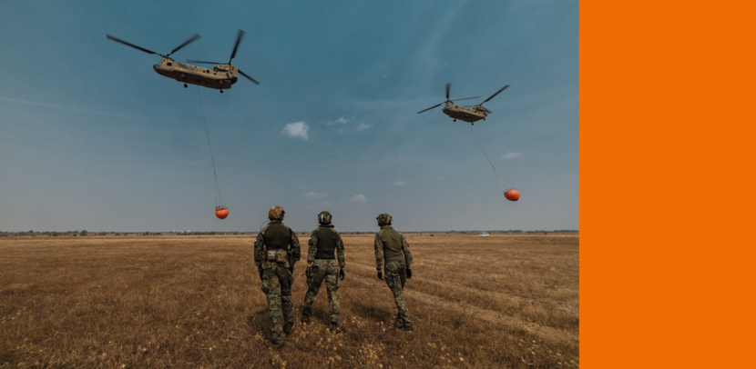 Militairen op de rug gezien, boven hen vliegen helikopters met bluszakken.