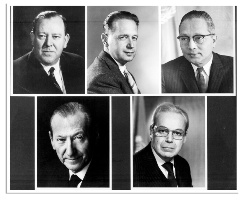 Portretten van de eerste vijf SG’s van de Verenigde Naties.