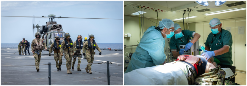 een oefengewonde wordt vanuit de helikopter naar de hangaar gedragen en een chirurgische team is aan het werk aan boord.