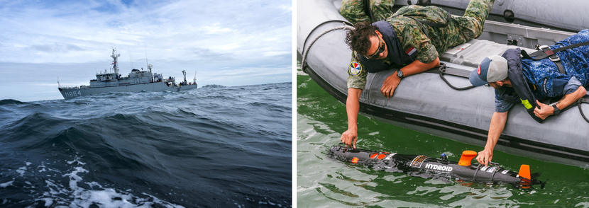 De mijnenjager Willemstad op zee en een motorboot met marinemensen die een onderwaterrobot te water laten.