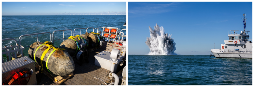 Links: 3 mijnen op het dek van het duikvaartuig Nautilus. Rechts: de waterkolom na het ploffen van de mijnen op zee, met de Nautlilus op de voorgrond.