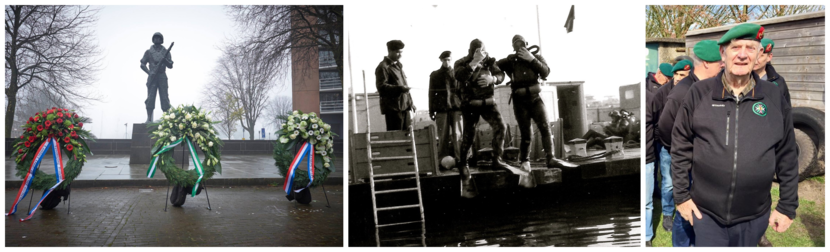 Het Mariniersmonument in Rotterdam, 2 kikvorsmannen die lang geleden te water gaan en een portret van Schierboom met groene marinier-commando baret.