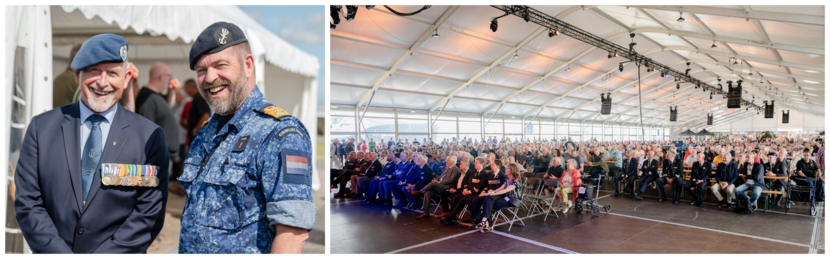 Links een grote tent vol bezoekers van de marine-Veteranendag. Rechts: een veteraan in gesprek met Commandant Zeestrijdkrachten vice-admiraal René Tas.