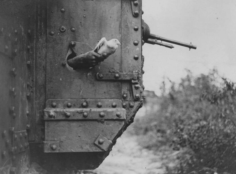 Een hand met postduif steekt uit een tank uit de Eerste Wereldoorlog.