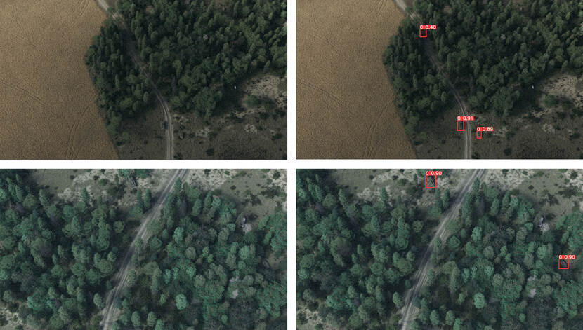Links twee luchtfoto’s van een bosrijke omgeving, daarnaast dezelfde twee foto’s met daarop rode vierkantjes om vijandelijke voertuigen getrokken.