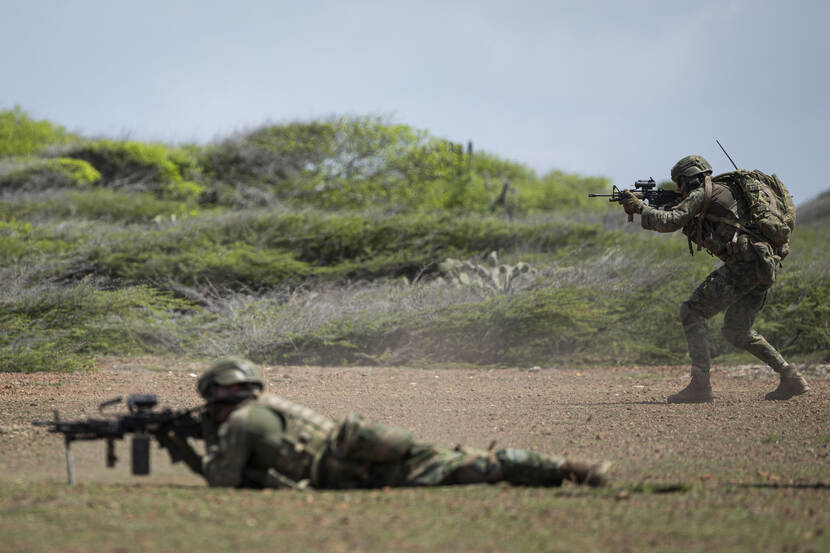 een liggende en staande militair die vuur uitbrengen.