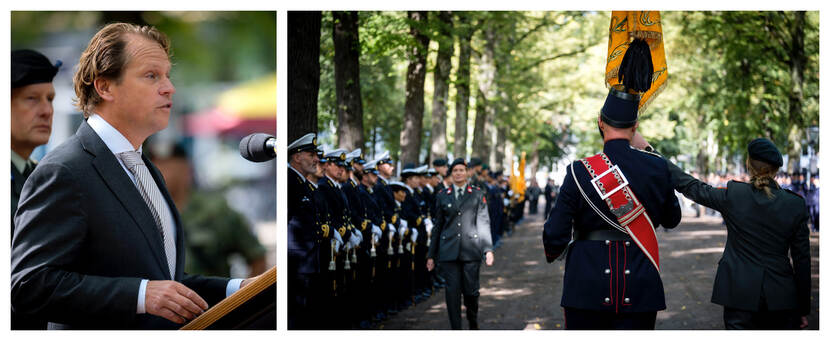 Tuinman in Den Haag en militairen lopen door Den Haag.