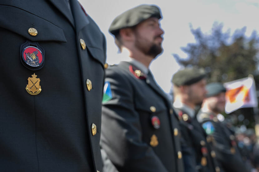 De Air Defence-speld op de groene jas van het Dagelijks Tenue van de landmacht, tijdens de commando-overdracht dit jaar.