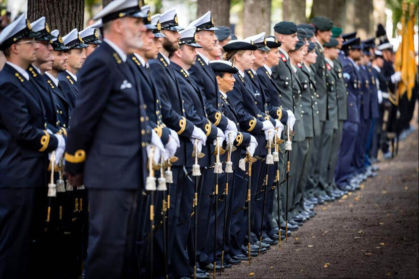 Een groep militairen van de landmacht, luchtmacht en marine op rij.