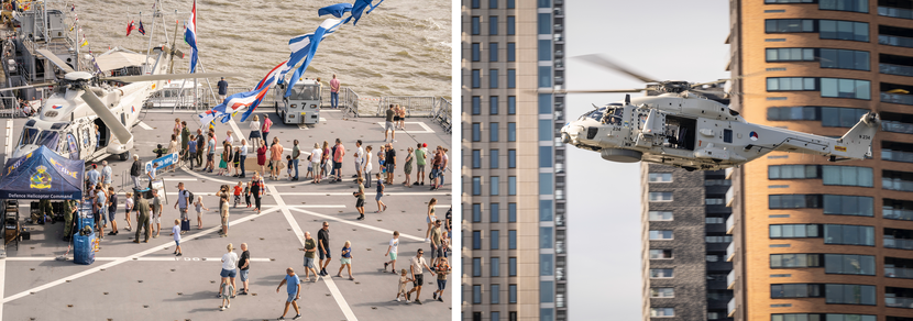 Links publiek dat op het achterdek van een schip kijkt naar een NH90, rechts een NH90 die voor een aantal woontorens vliegt.