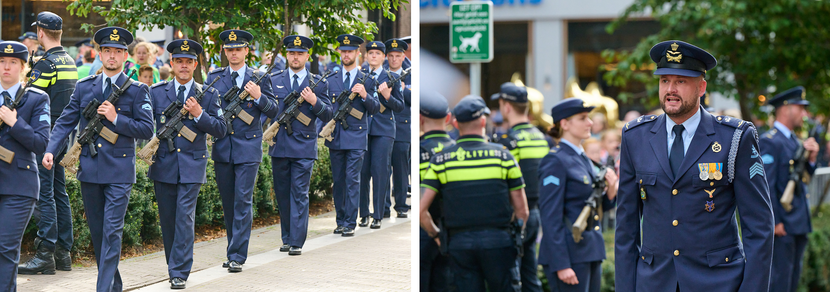 Links luchtmachtmilitairen op weg naar hun opstelplek, rechts een militair die een commando roept.