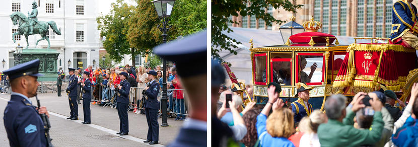 Links militairen in de ere-afzetting en rechts de Glazen Koets.