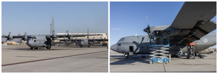 Twee C-130’s worden gereed gemaakt voor vertrek. Ondertussen is er onderhoud aan de derde C-130. De vracht wordt gereed gemaakt voor transport en gaat vervolgens in het vrachttoestel.