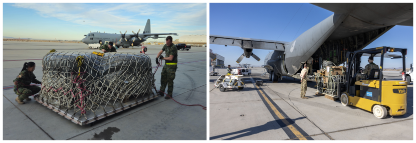 Twee C-130’s worden gereed gemaakt voor vertrek. Ondertussen is er onderhoud aan de derde C-130. De vracht wordt gereed gemaakt voor transport en gaat vervolgens in het vrachttoestel.