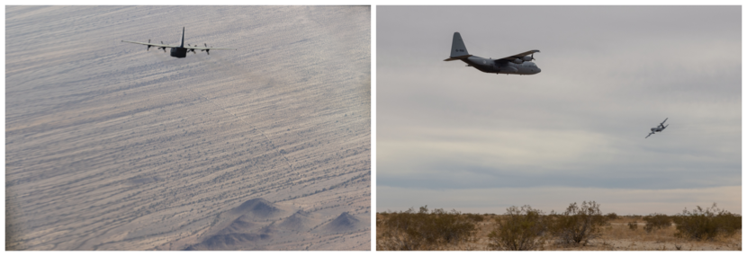 Een C-130 vliegt boven de woestijn, twee C-130’s vliegen aan op de landingsbaan en een C-130 waait zand en stof op bij de landing.