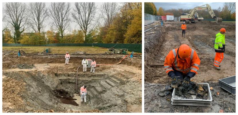 Bergingsmedewerkers aan het werk op de bergingslocatie van de Spitfire.