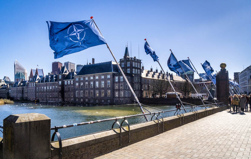 NAVO-vlaggen aan de Hofvijver in Den Haag.